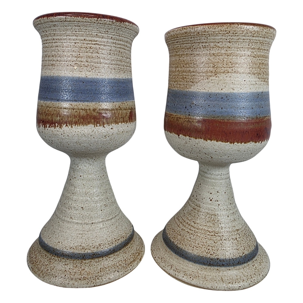 Vintage Signed Studio Pottery Goblet Pair Stoneware Rustic Boho MCM